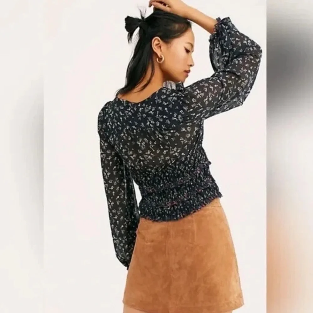 Free People Lolita Floral Blouse Top Womens Size L Black Coquette Milkmaid Boho